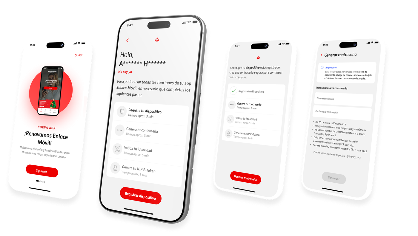 Onboarding flow screens: welcome, device registration, password creation, and password requirements