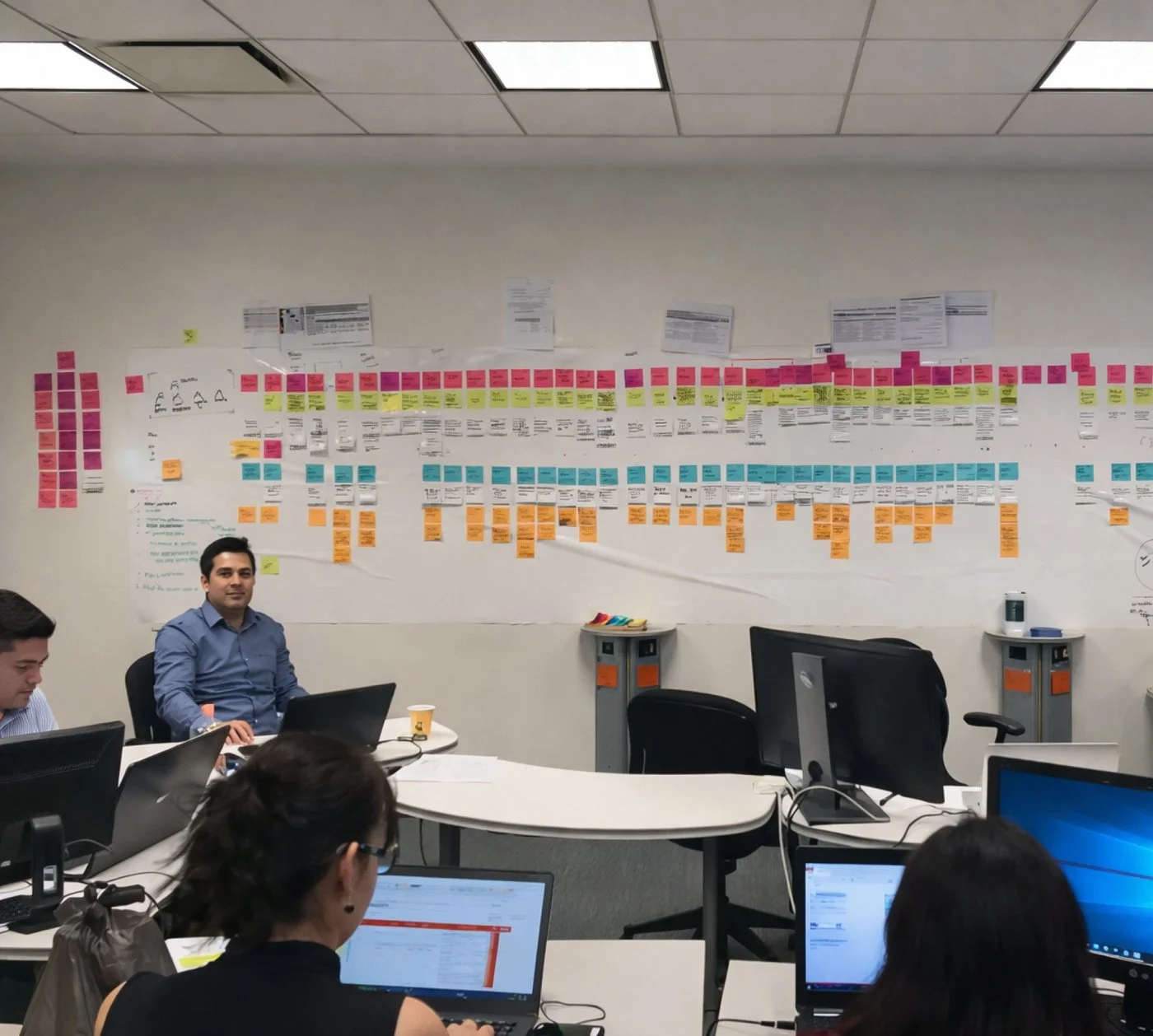 Research session with sticky-note user flow mapping on whiteboard